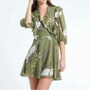 Shona Joy Floral Green Ruffle Wrap Blouson Mini Dress SIZE 2